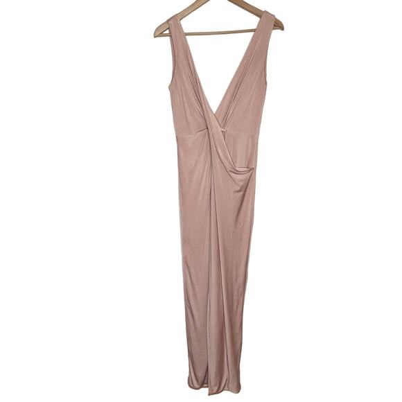 NBD Women's Buttercup Maxi Dress Size Medium Pink Blush V Neck High Slit Slinky - Picture 2 of 10
